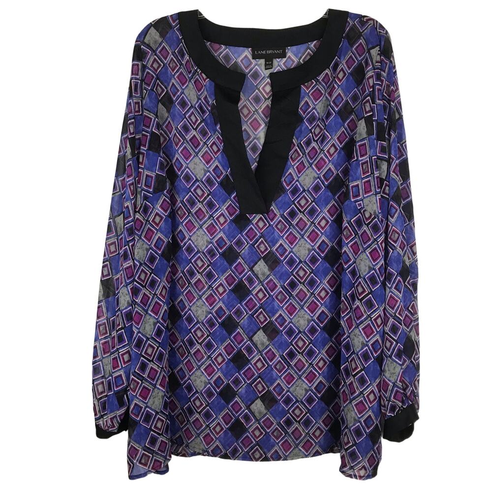 Lane Bryant Sheer Blouse V-Neck Top Long Sleeve Purple Blue Black Diamond 18/20
